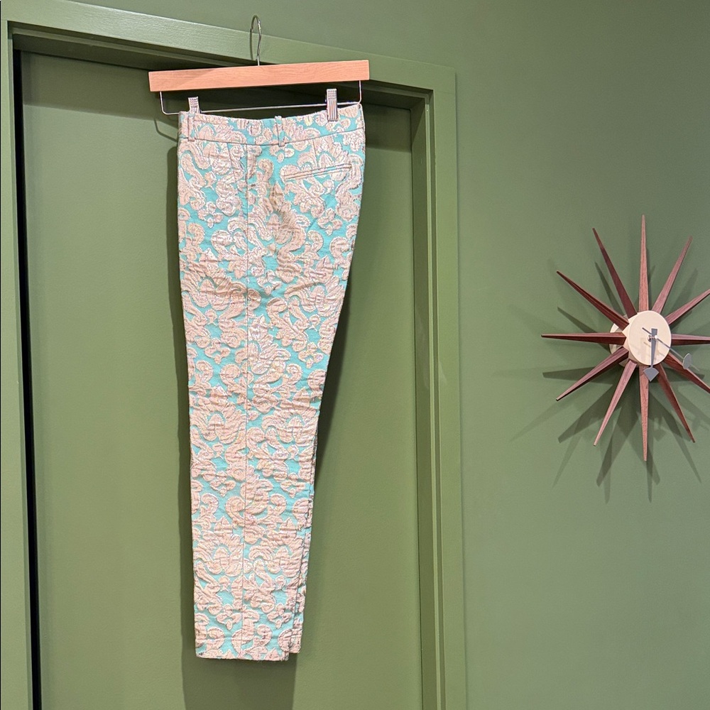 J. Crew Mint and White Cropped Pants ~ metallic jacquard